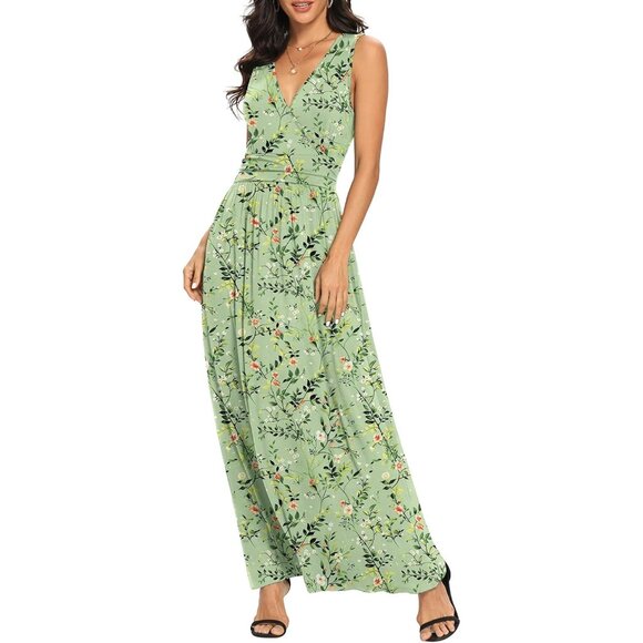 Women Ju Bai Green Deep V Neck Sleeveless Loose Plain Long Maxi Stretchy Dress - Picture 5 of 6